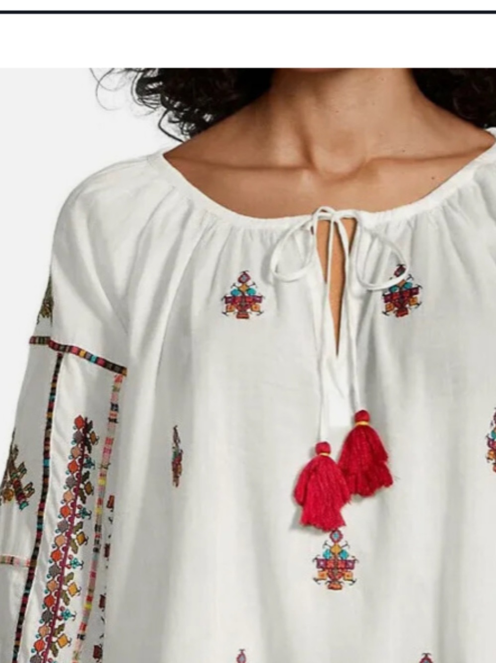 Velvet by Graham & Spencer White Embroidered Peasant Tunic with Red Tassels